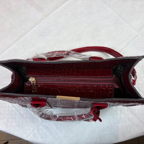 Burgundy and Red Faux Crocodile Embossed patent leather top handle Crossbody Bag - Picture 7 of 16